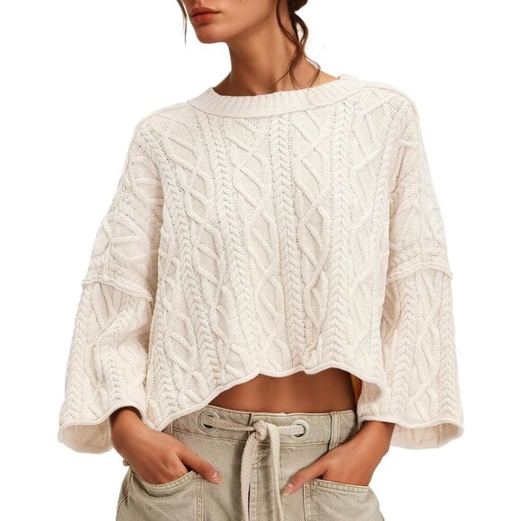 Sweaters - Women's Cable Knit Cropped Sweater Oversized Fall Long Sleeve Knit Top